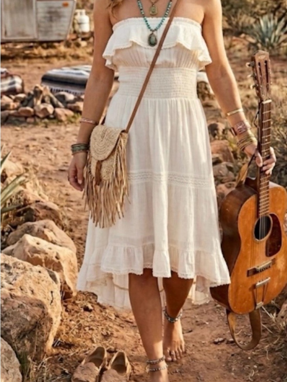 Anthropologie White Ivory Ruffle Midi Dress Boho Romantic Cottagecore Lace Med